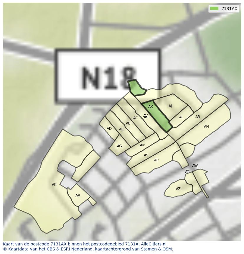 Afbeelding van het postcodegebied 7131 AX op de kaart.
