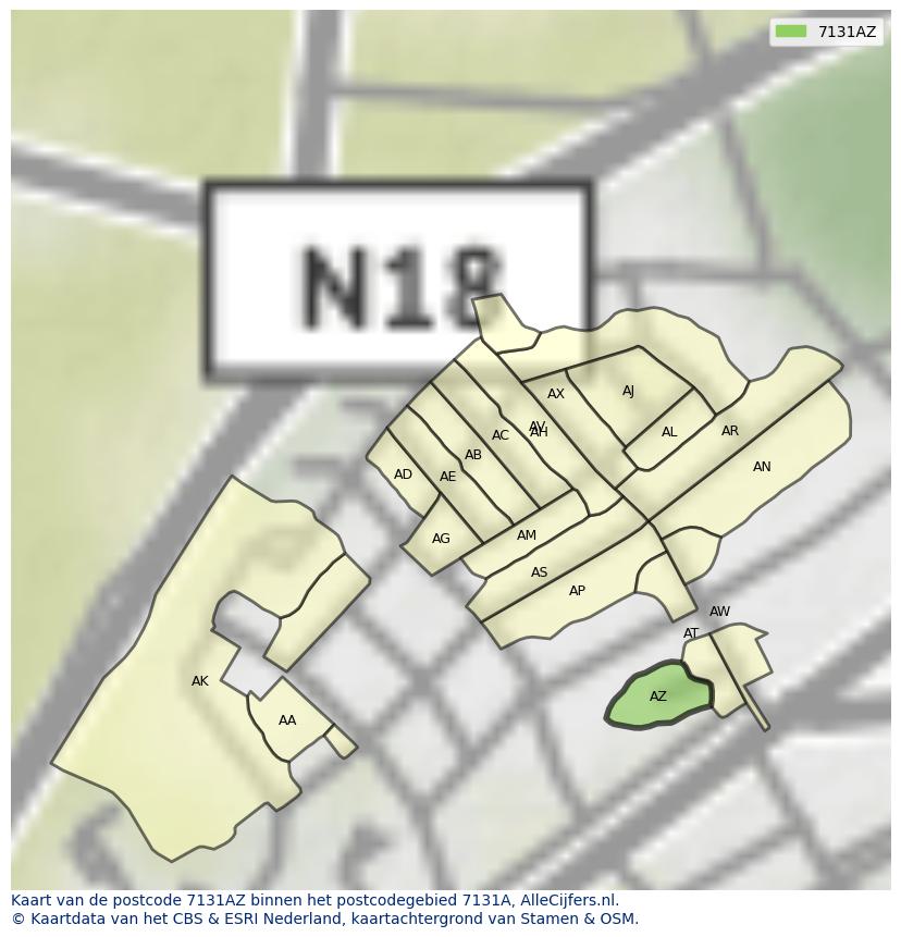 Afbeelding van het postcodegebied 7131 AZ op de kaart.