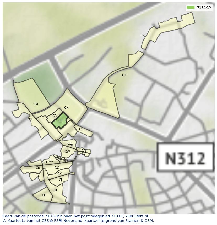 Afbeelding van het postcodegebied 7131 CP op de kaart.