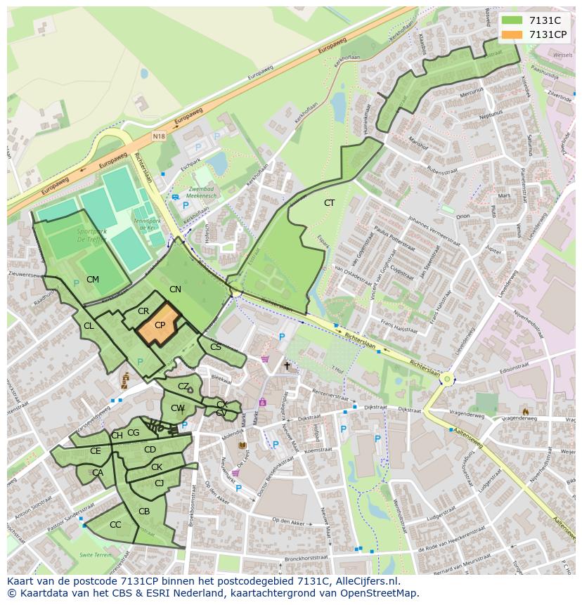 Afbeelding van het postcodegebied 7131 CP op de kaart.