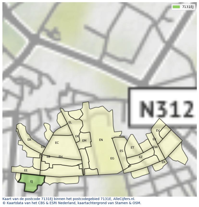 Afbeelding van het postcodegebied 7131 EJ op de kaart.