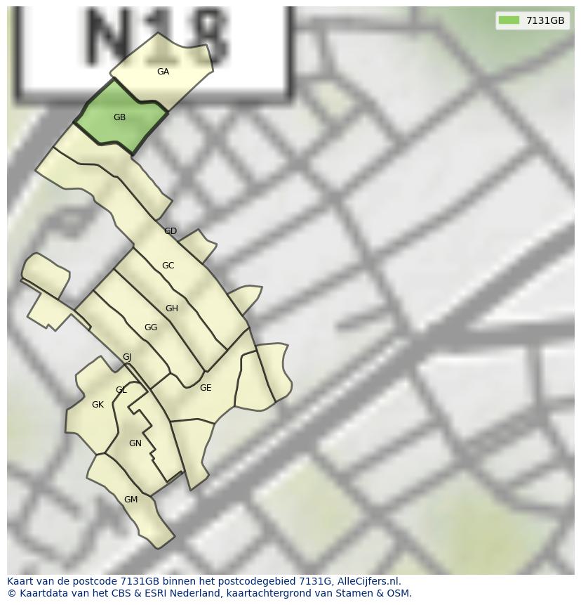 Afbeelding van het postcodegebied 7131 GB op de kaart.