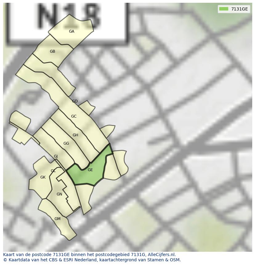 Afbeelding van het postcodegebied 7131 GE op de kaart.