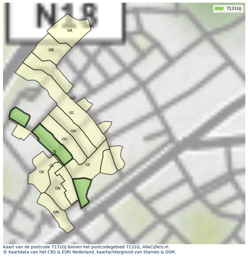 Afbeelding van het postcodegebied 7131 GJ op de kaart.