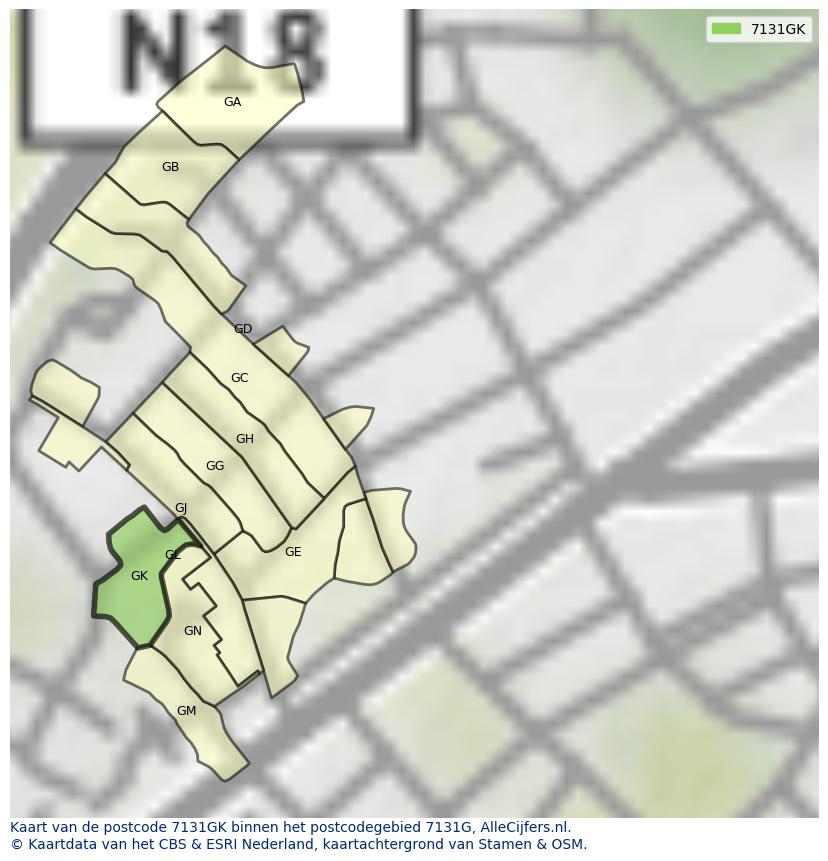 Afbeelding van het postcodegebied 7131 GK op de kaart.