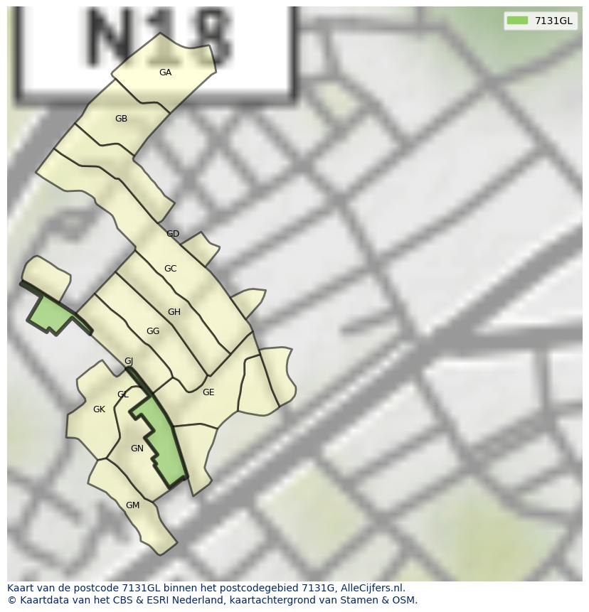 Afbeelding van het postcodegebied 7131 GL op de kaart.