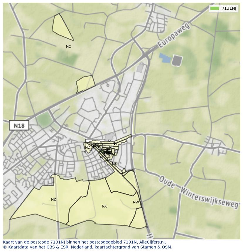 Afbeelding van het postcodegebied 7131 NJ op de kaart.