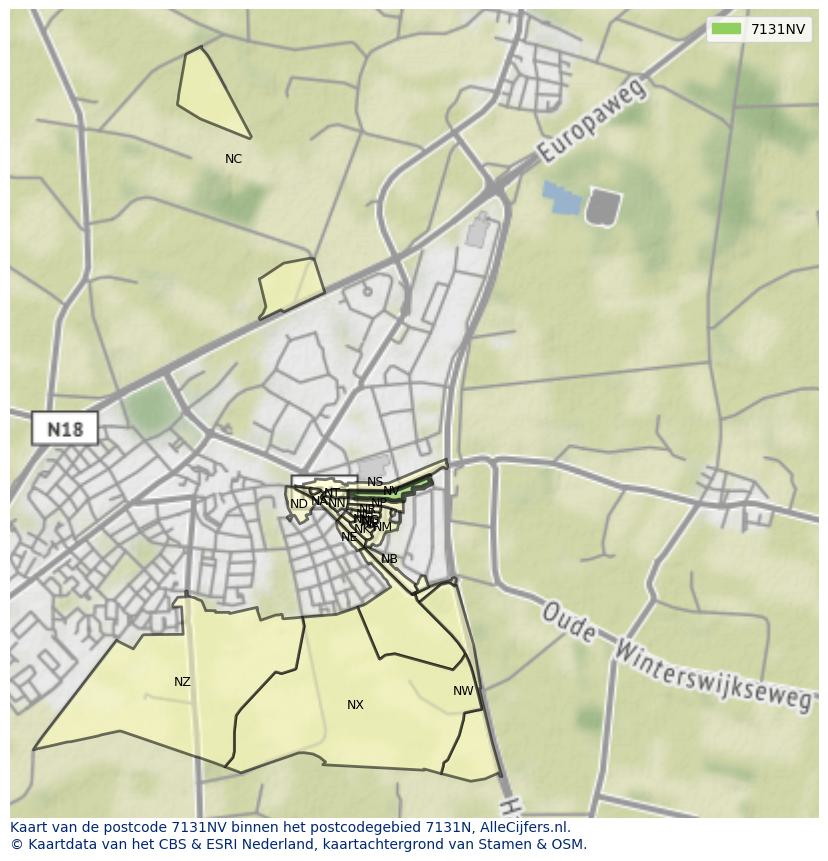 Afbeelding van het postcodegebied 7131 NV op de kaart.