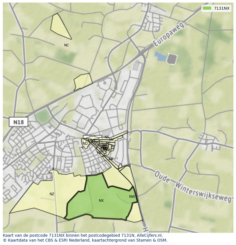 Afbeelding van het postcodegebied 7131 NX op de kaart.