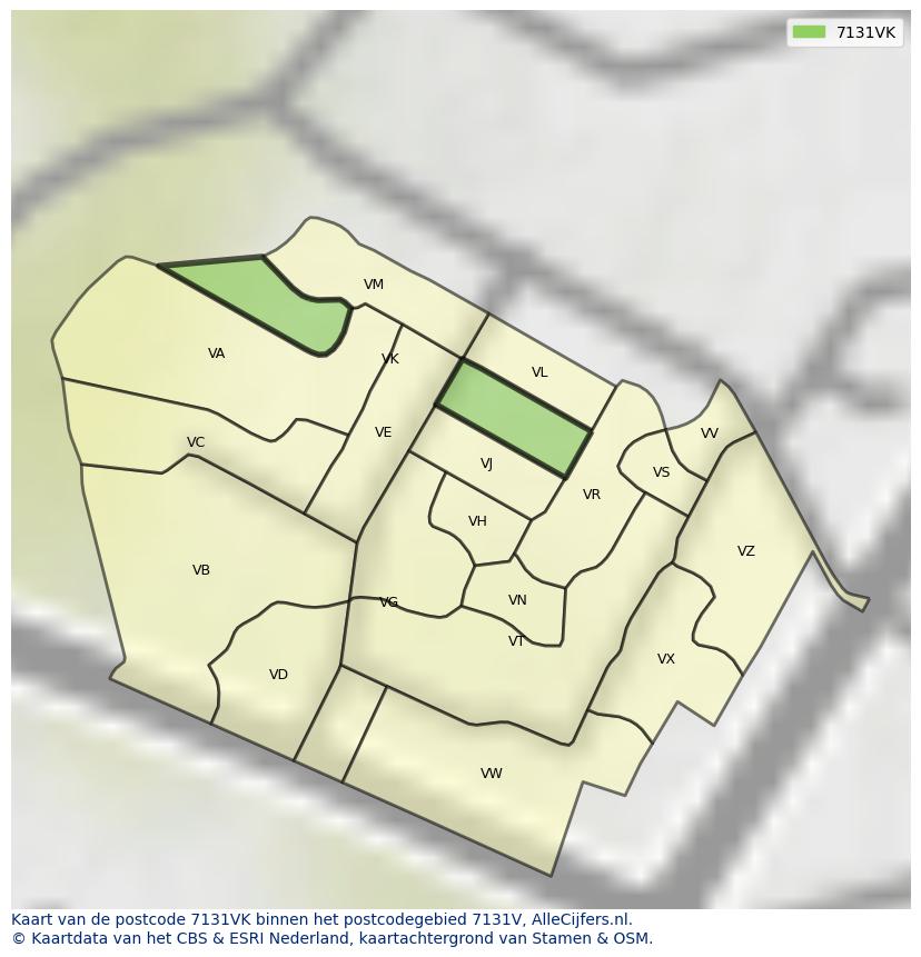 Afbeelding van het postcodegebied 7131 VK op de kaart.