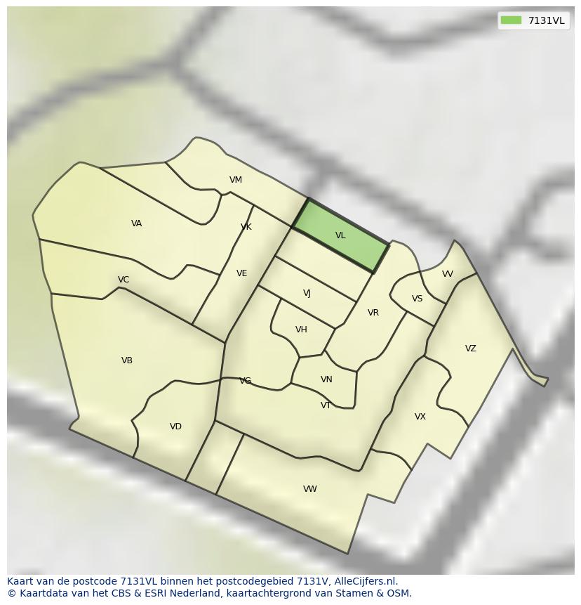 Afbeelding van het postcodegebied 7131 VL op de kaart.