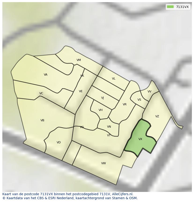 Afbeelding van het postcodegebied 7131 VX op de kaart.