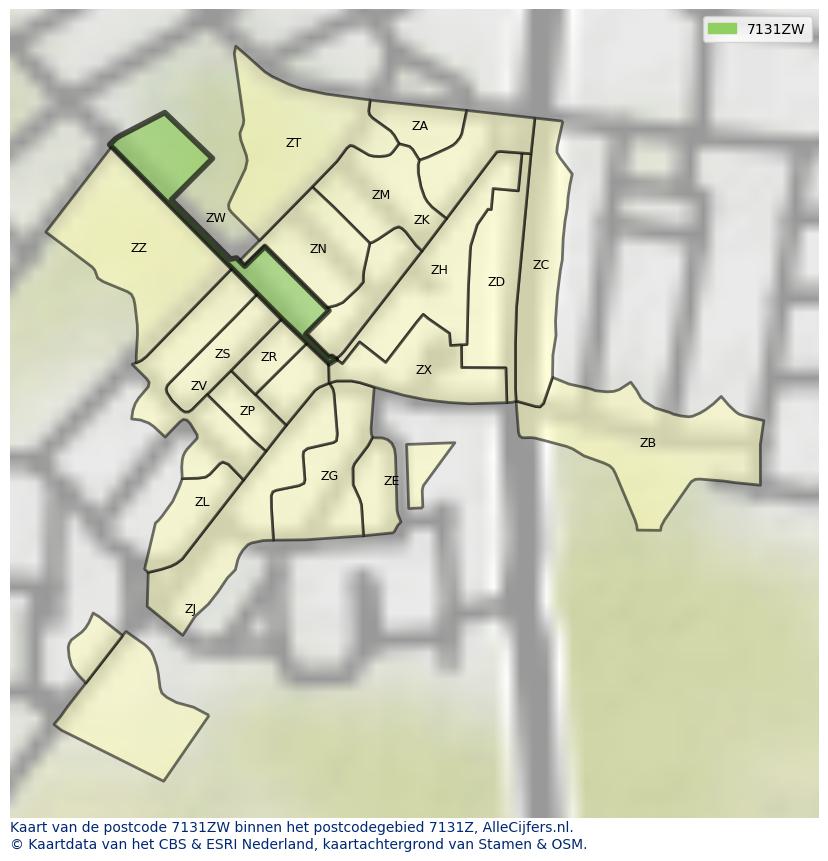Afbeelding van het postcodegebied 7131 ZW op de kaart.