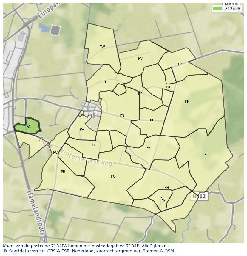 Afbeelding van het postcodegebied 7134 PA op de kaart.