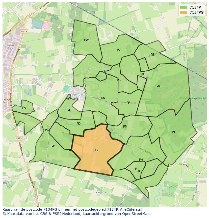 Afbeelding van het postcodegebied 7134 PG op de kaart.