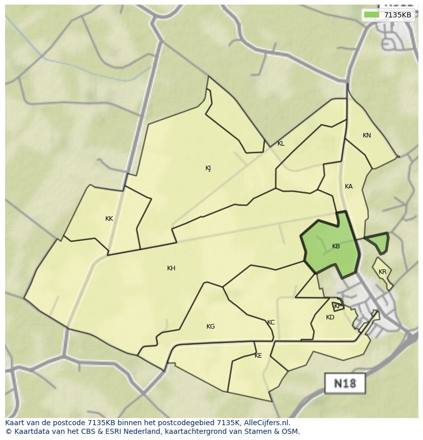 Afbeelding van het postcodegebied 7135 KB op de kaart.