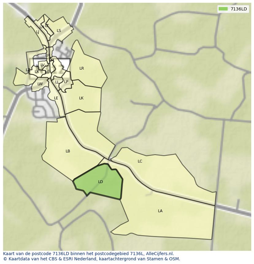 Afbeelding van het postcodegebied 7136 LD op de kaart.