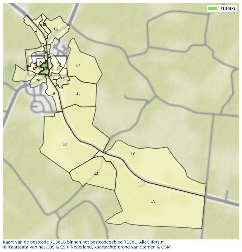 Afbeelding van het postcodegebied 7136 LG op de kaart.
