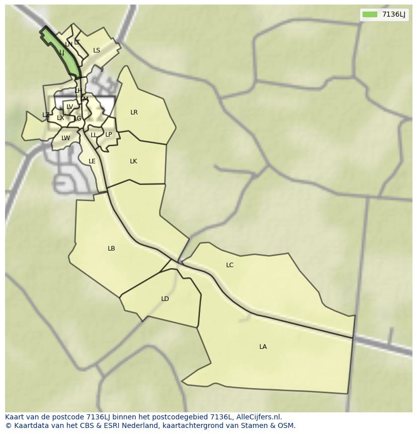 Afbeelding van het postcodegebied 7136 LJ op de kaart.