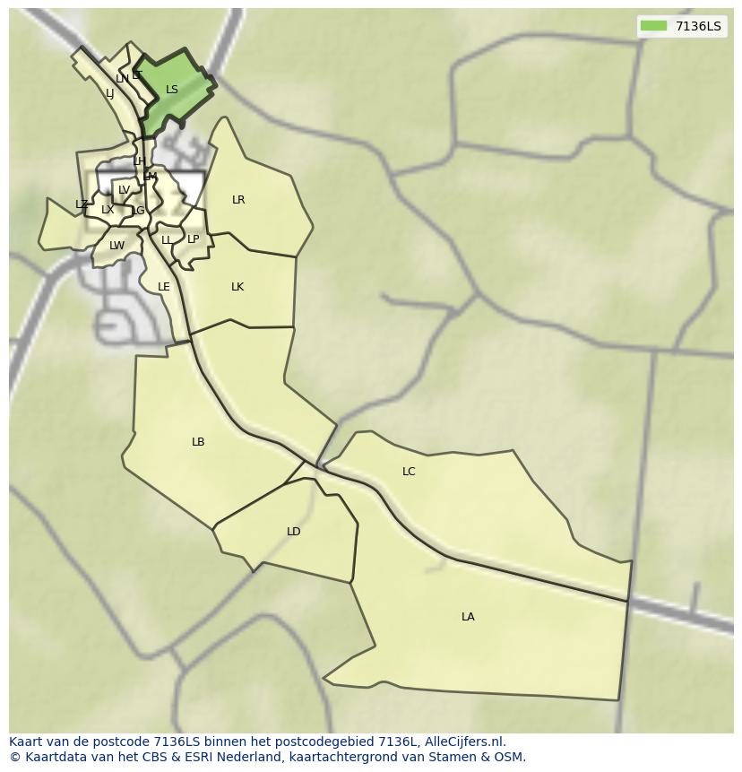 Afbeelding van het postcodegebied 7136 LS op de kaart.