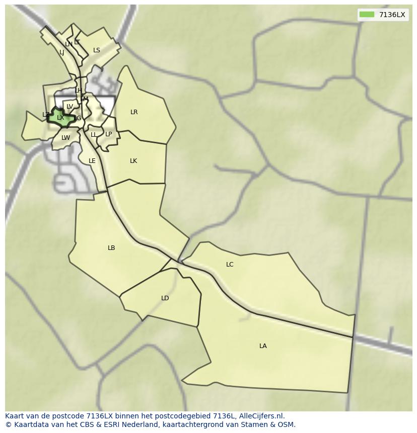 Afbeelding van het postcodegebied 7136 LX op de kaart.