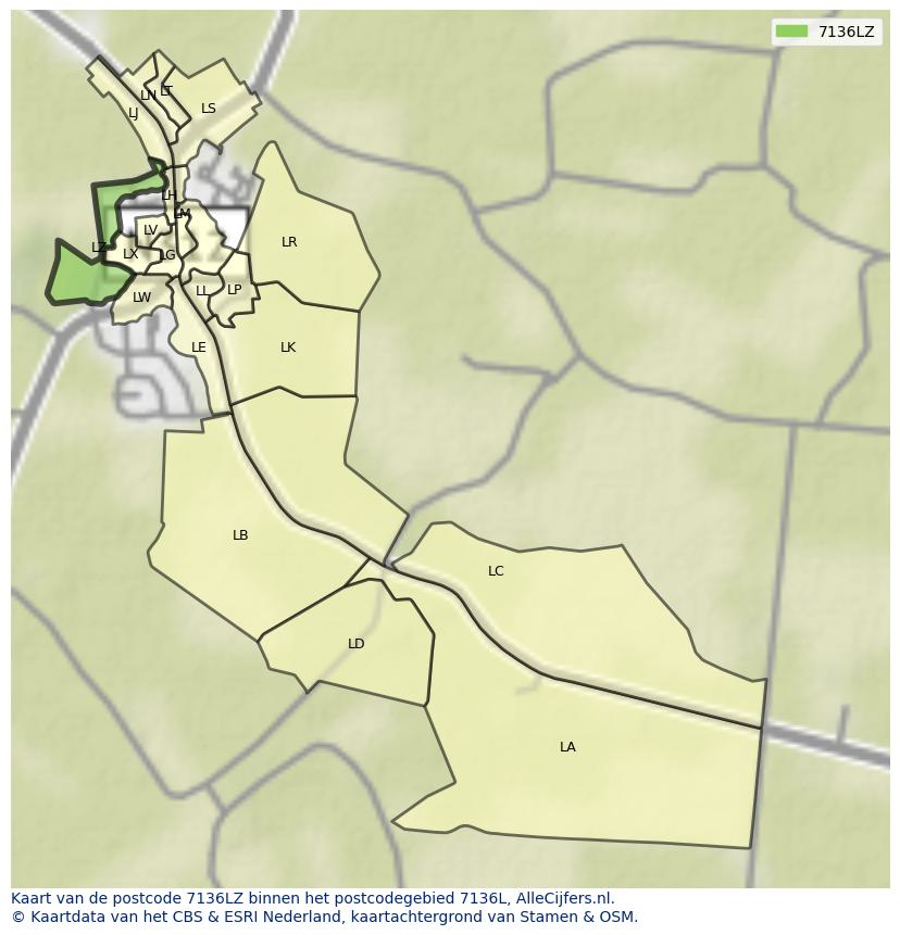 Afbeelding van het postcodegebied 7136 LZ op de kaart.