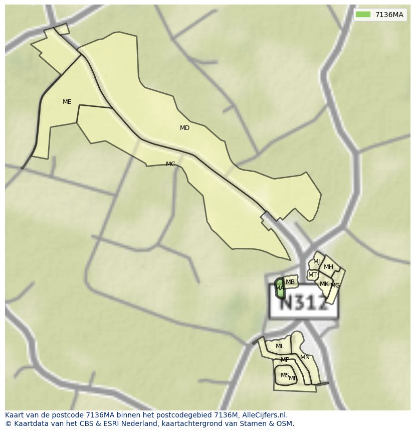 Afbeelding van het postcodegebied 7136 MA op de kaart.