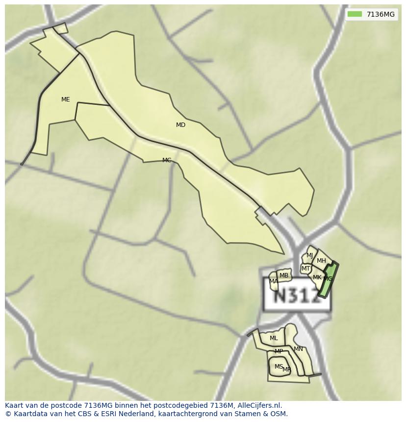 Afbeelding van het postcodegebied 7136 MG op de kaart.