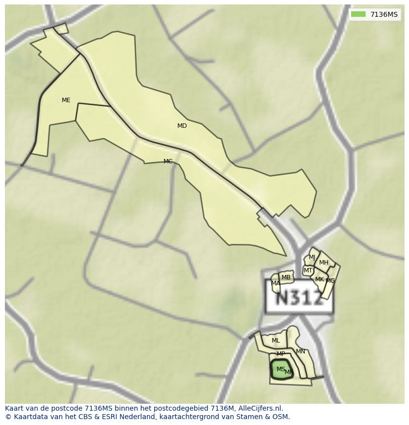 Afbeelding van het postcodegebied 7136 MS op de kaart.