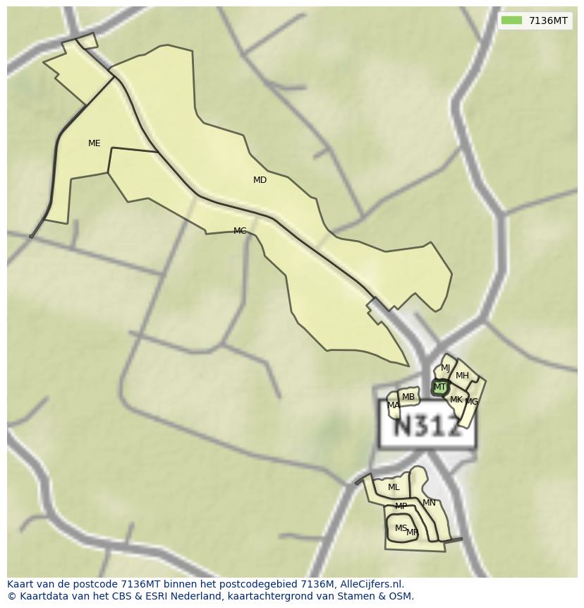 Afbeelding van het postcodegebied 7136 MT op de kaart.