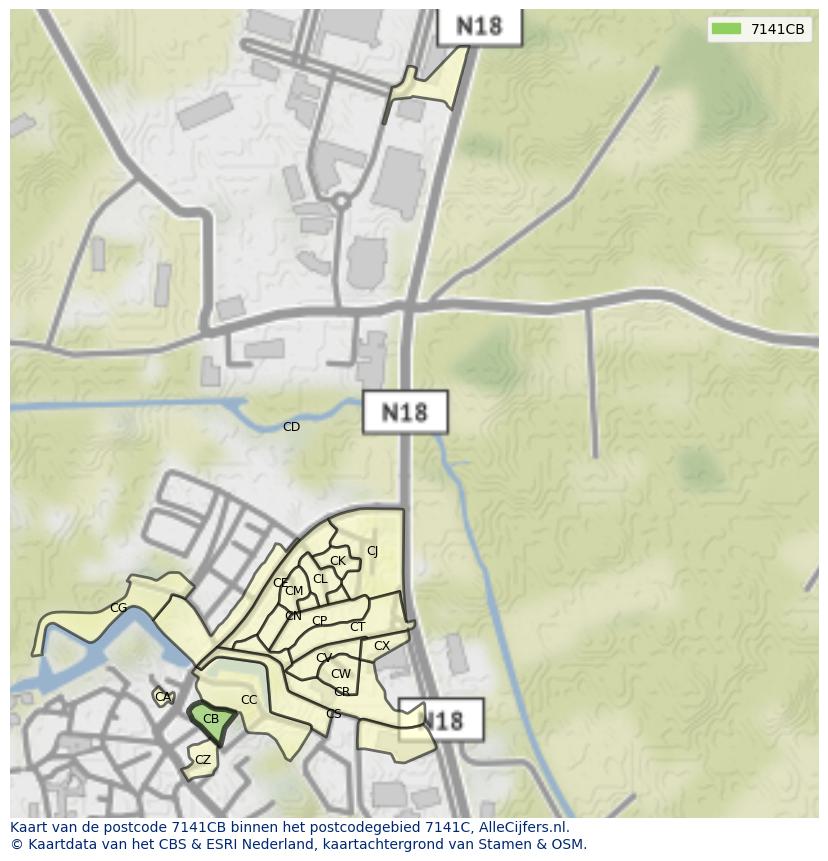 Afbeelding van het postcodegebied 7141 CB op de kaart.