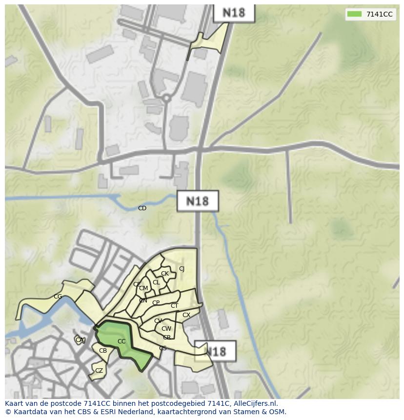 Afbeelding van het postcodegebied 7141 CC op de kaart.