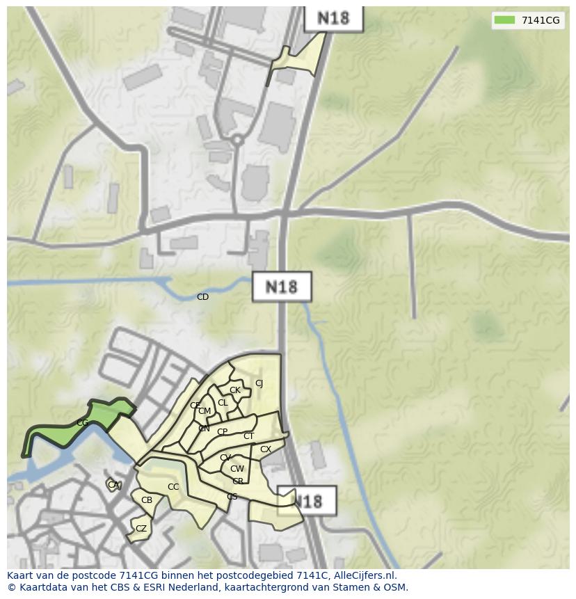 Afbeelding van het postcodegebied 7141 CG op de kaart.