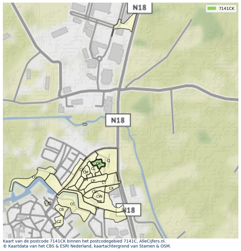 Afbeelding van het postcodegebied 7141 CK op de kaart.