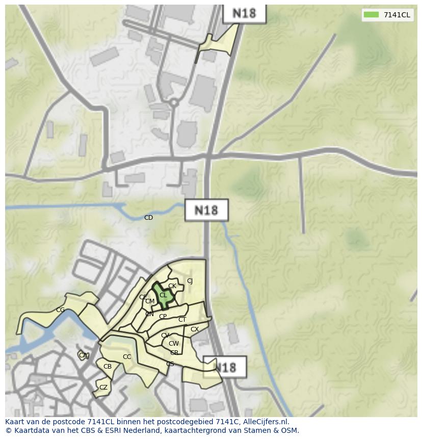 Afbeelding van het postcodegebied 7141 CL op de kaart.