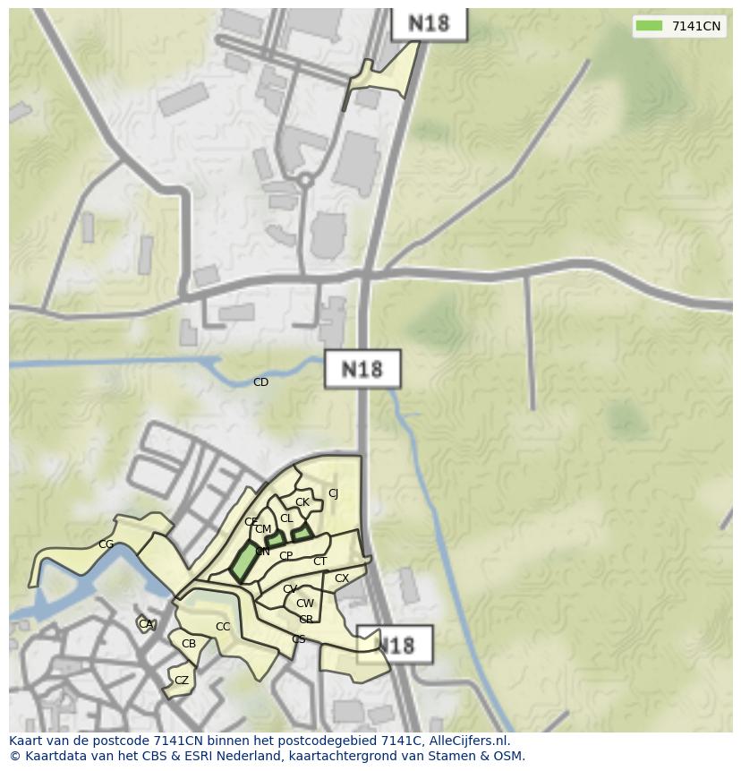 Afbeelding van het postcodegebied 7141 CN op de kaart.
