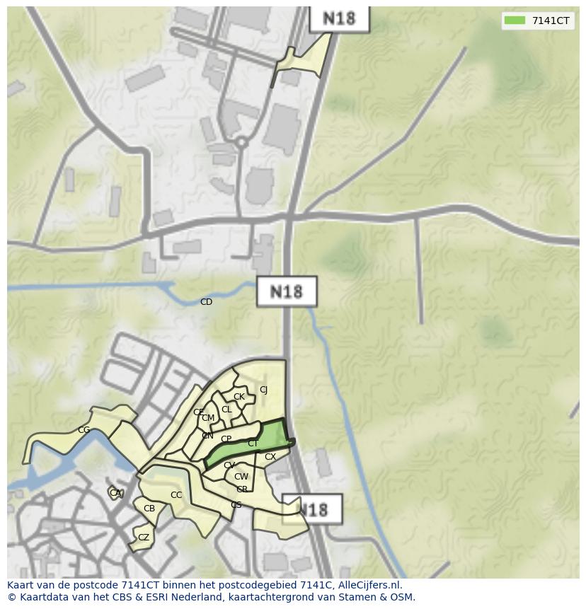 Afbeelding van het postcodegebied 7141 CT op de kaart.