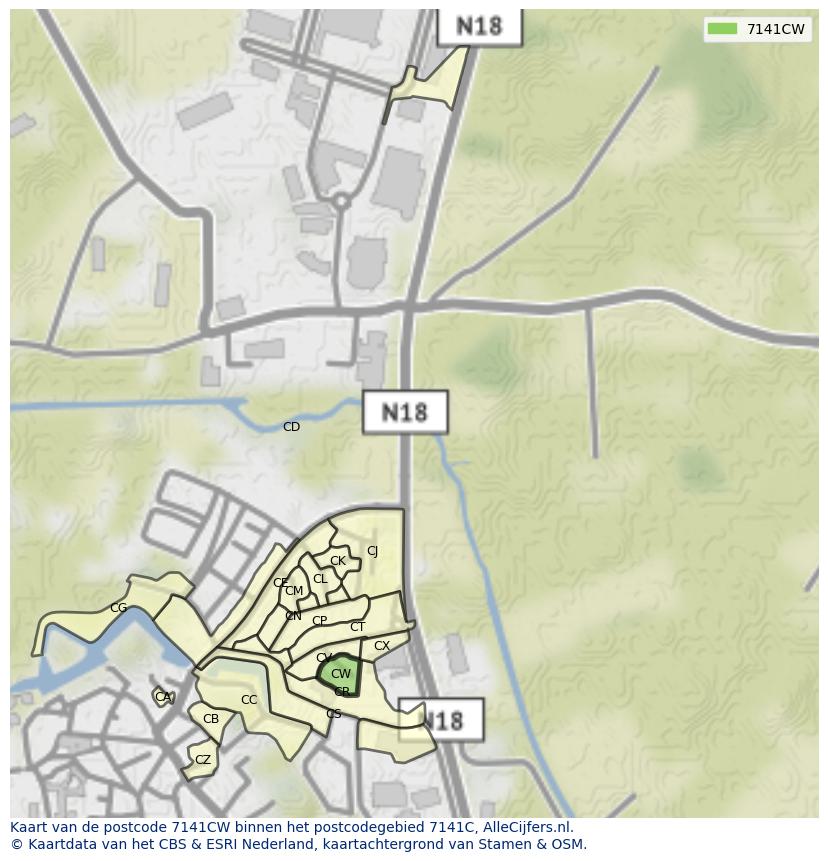 Afbeelding van het postcodegebied 7141 CW op de kaart.