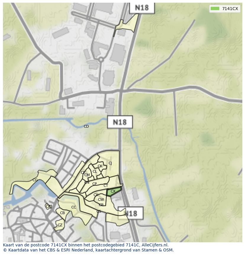 Afbeelding van het postcodegebied 7141 CX op de kaart.