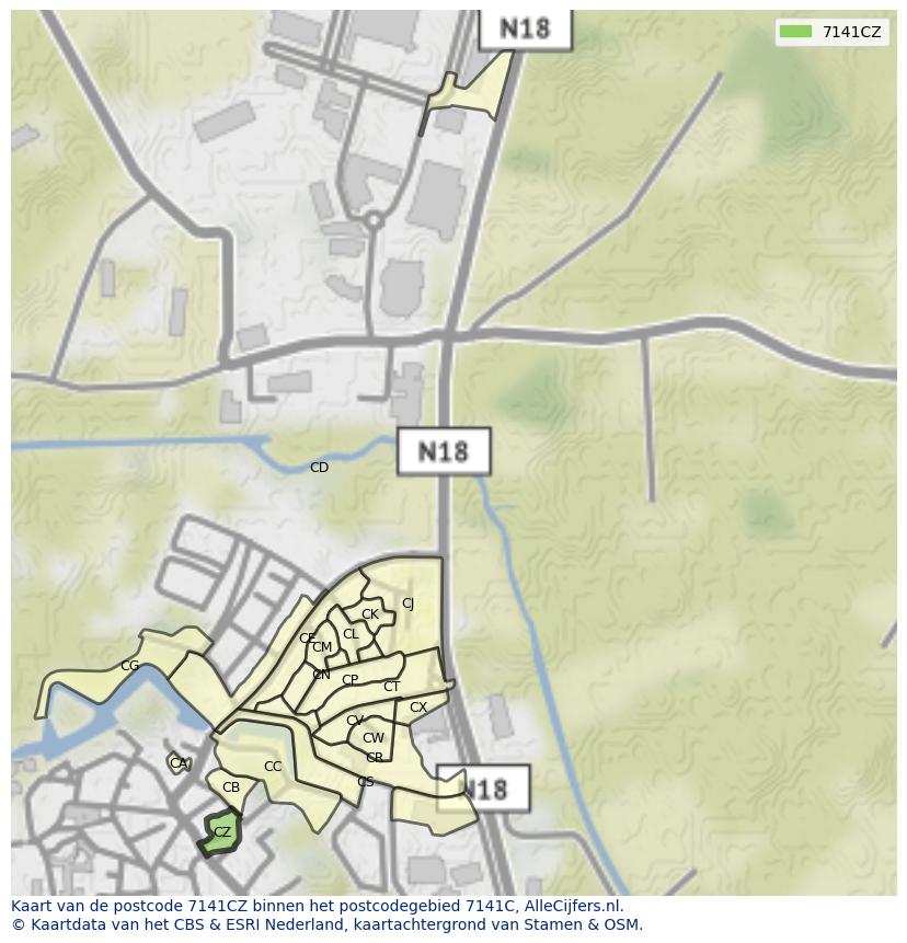 Afbeelding van het postcodegebied 7141 CZ op de kaart.
