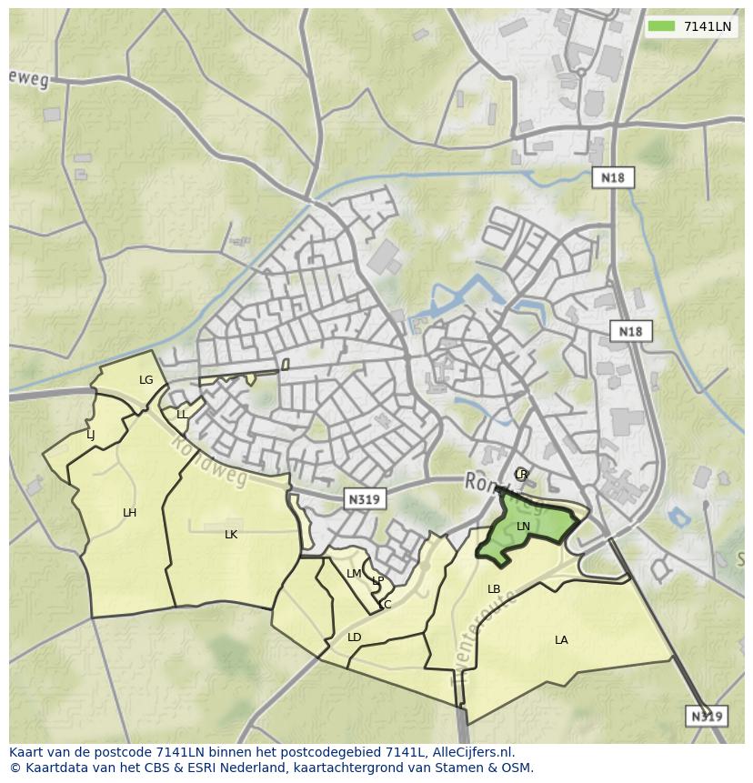Afbeelding van het postcodegebied 7141 LN op de kaart.