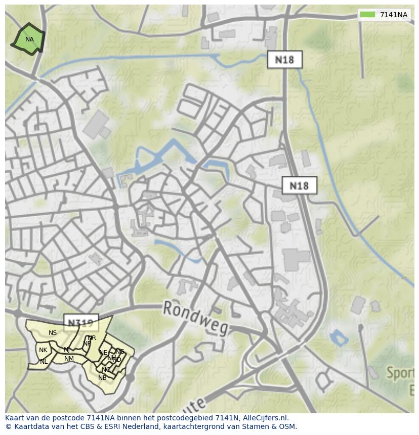 Afbeelding van het postcodegebied 7141 NA op de kaart.