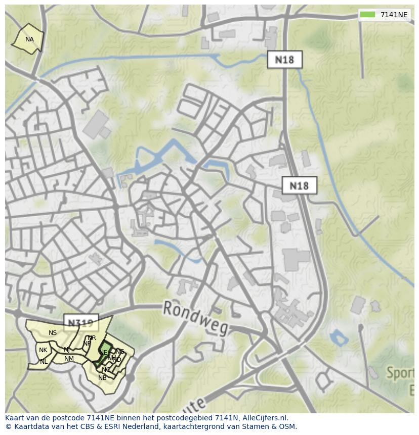 Afbeelding van het postcodegebied 7141 NE op de kaart.