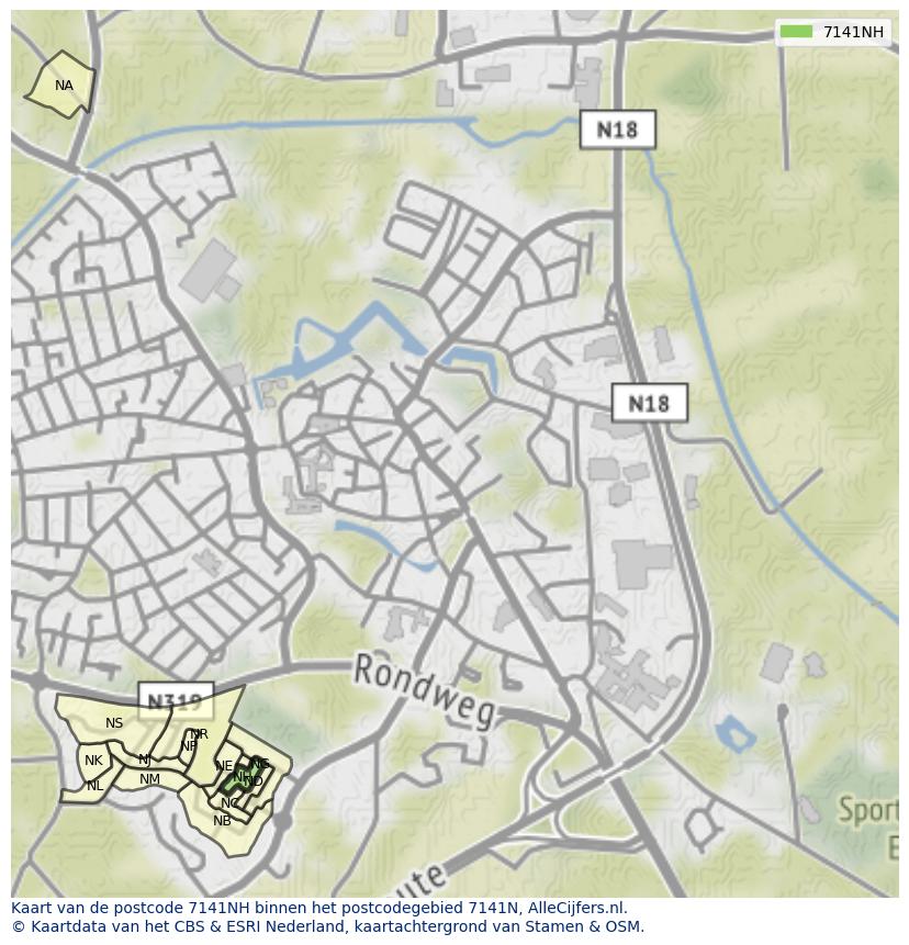 Afbeelding van het postcodegebied 7141 NH op de kaart.