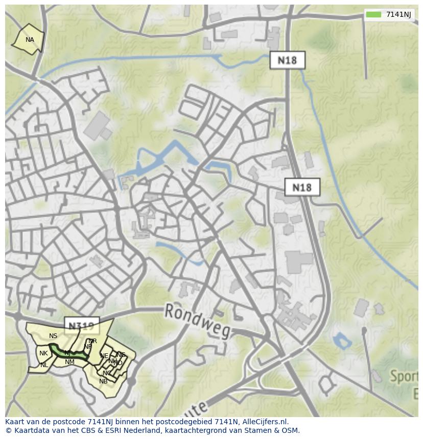 Afbeelding van het postcodegebied 7141 NJ op de kaart.
