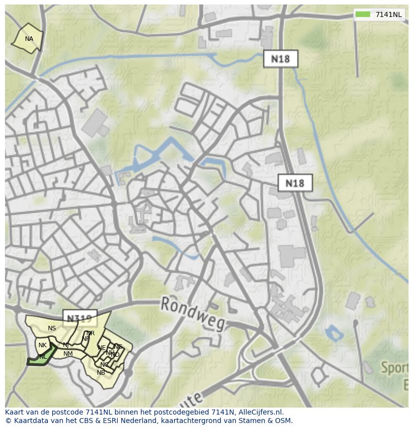 Afbeelding van het postcodegebied 7141 NL op de kaart.