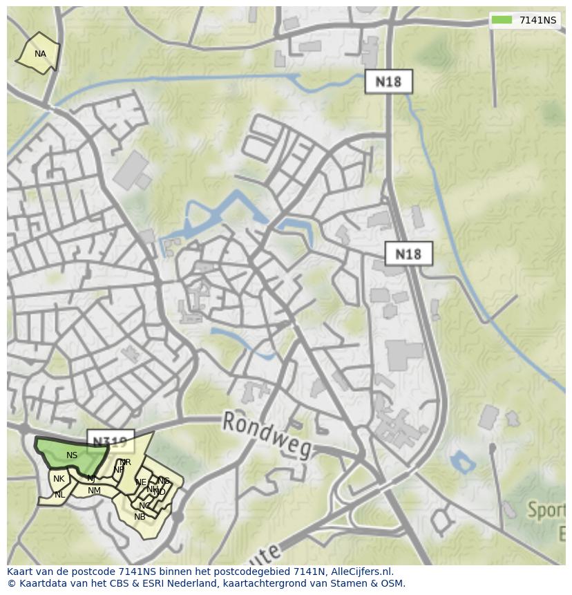 Afbeelding van het postcodegebied 7141 NS op de kaart.