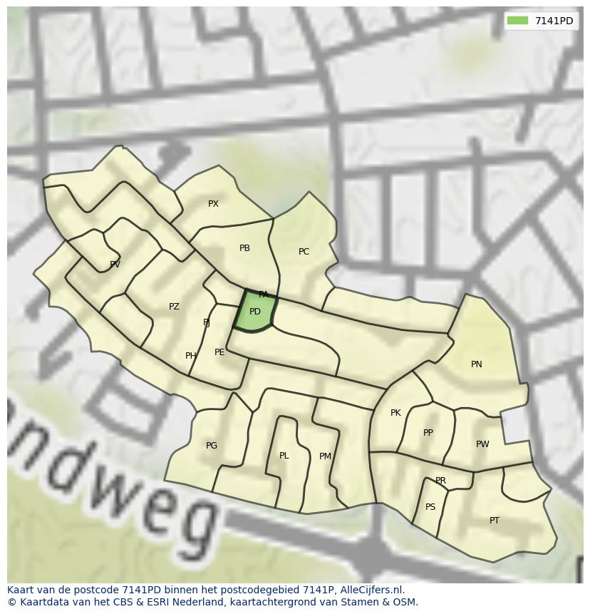 Afbeelding van het postcodegebied 7141 PD op de kaart.