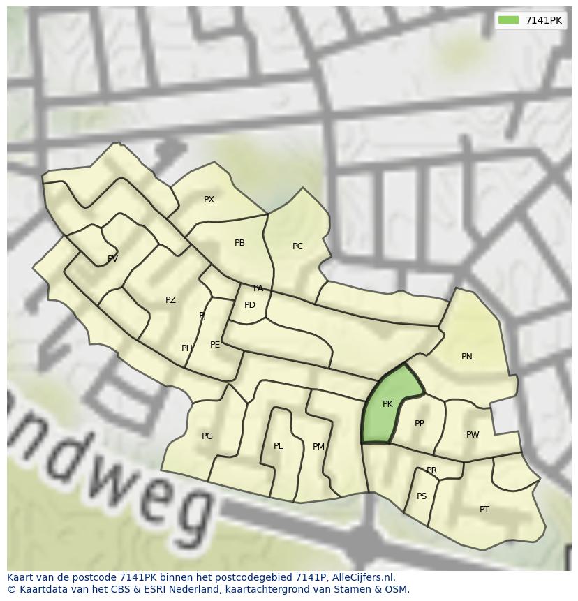 Afbeelding van het postcodegebied 7141 PK op de kaart.