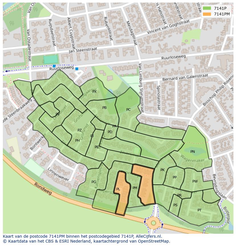 Afbeelding van het postcodegebied 7141 PM op de kaart.